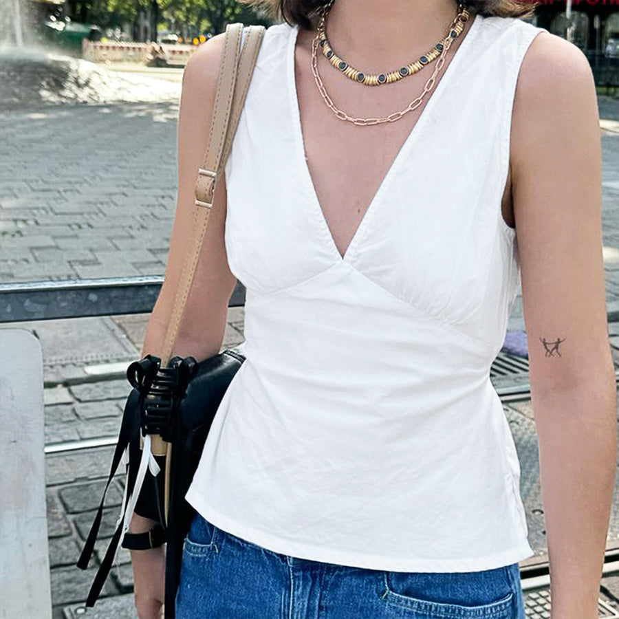 White Ruched V-Neck Sleeveless Top – Soft Girl Style, Slim Fit