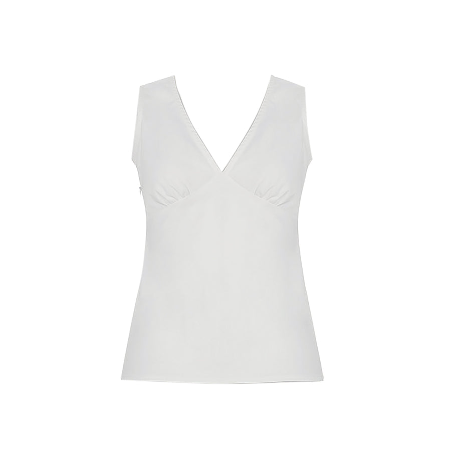 White Ruched V-Neck Sleeveless Top – Soft Girl Style, Slim Fit